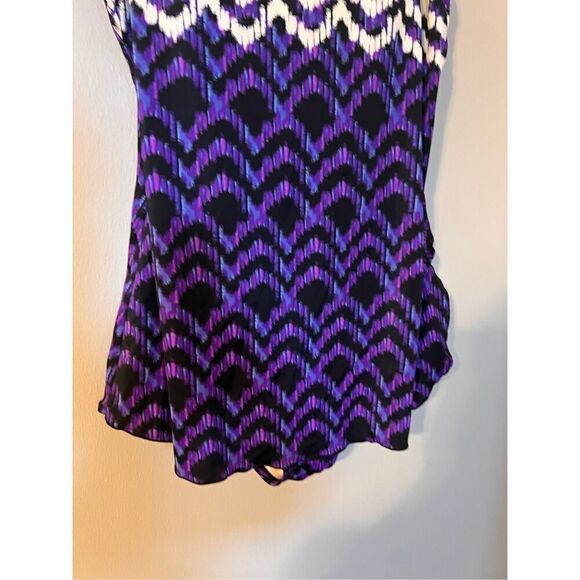 Maxine Of Hollywood 18 Ikat Print One Piece Swimsuit Blue Purple Flutter Bottom - Picture 5 of 10
